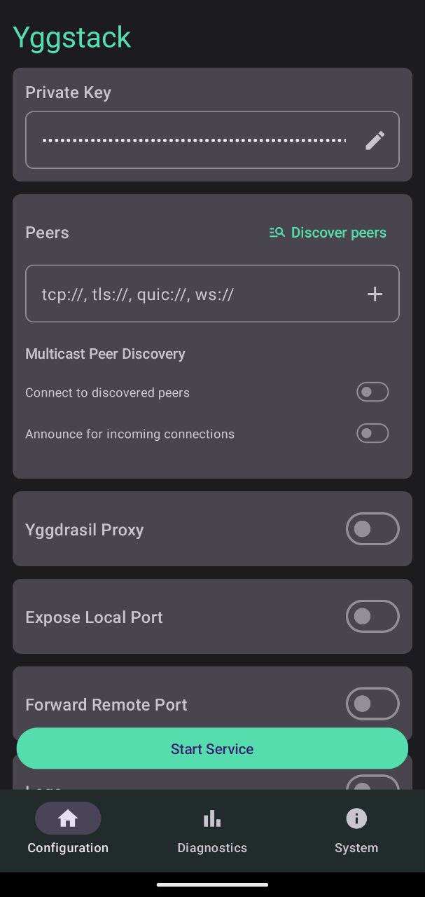 Интерфейс главного экрана yggstack с кнопкой Discover Peers